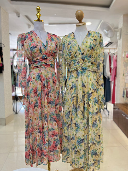 V-neck Long Sleeves Floral Dresses